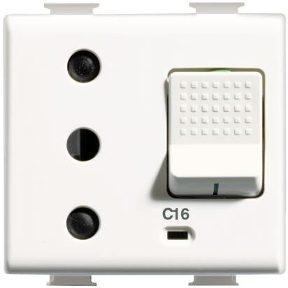 BTicino Matix Presa Sicura magnetotermica interbloccata 1P+N+T 16A, colore bianco, moduli 2, tensione 230Vac.