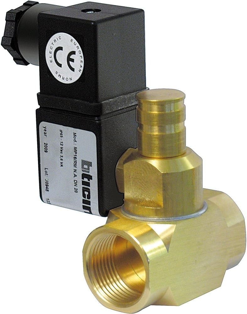 Bticino Livinglight L4525/12NO electrovalve for gas systems, 12V AC, brass and black design.