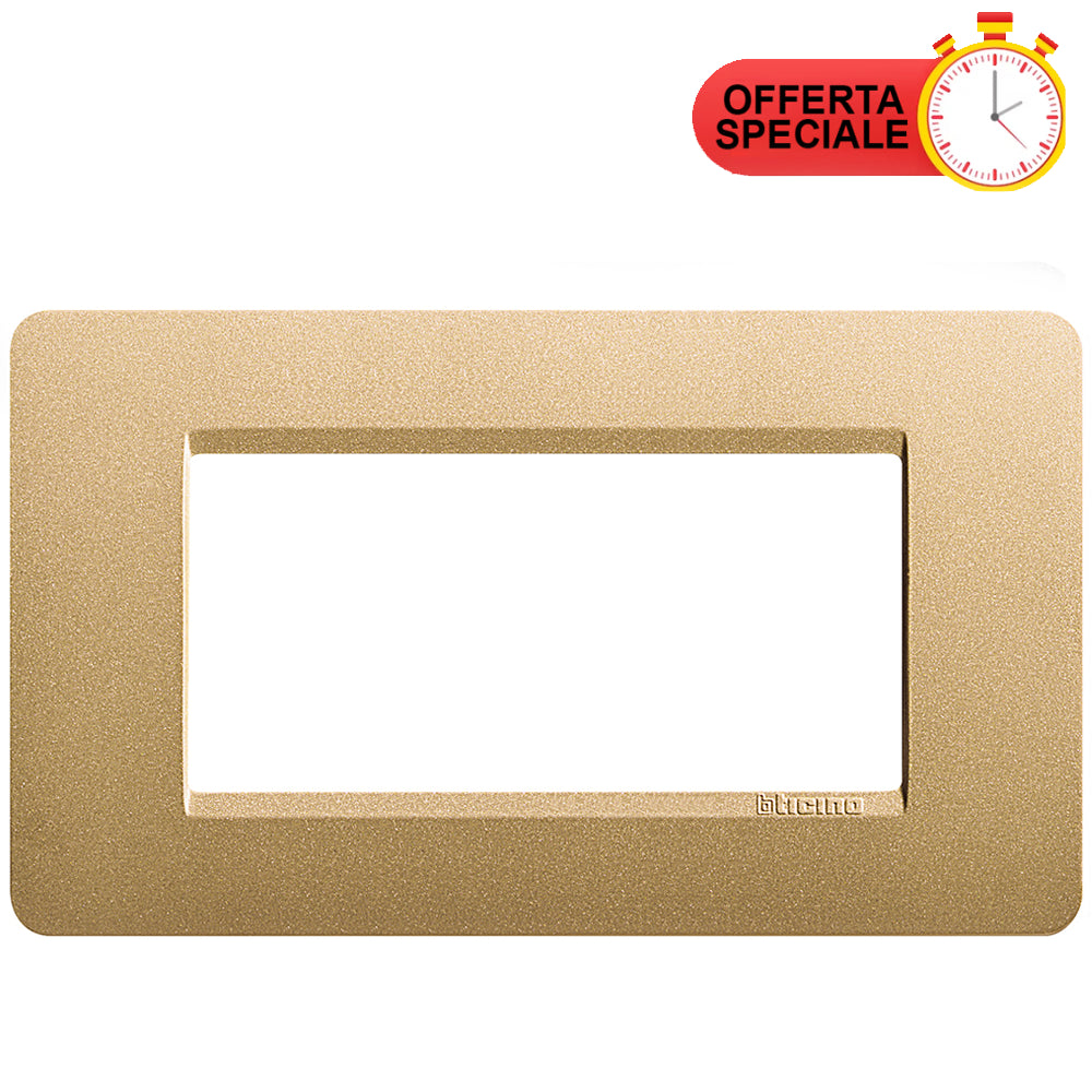 BTicino Matix Placca 4 Posti Gold AM4804GL decorative wall plate in gold finish, special offer displayed.