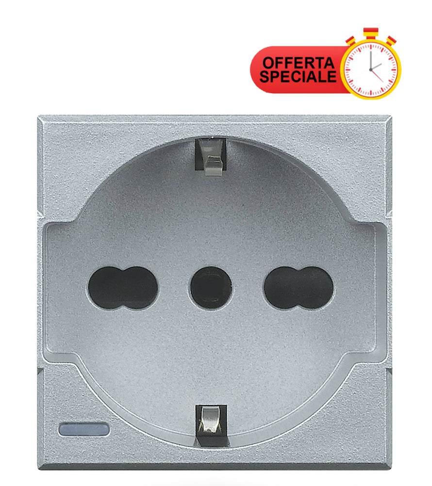 Bticino Axolute Schuko universal socket in gray, featuring special offer label and modern design.