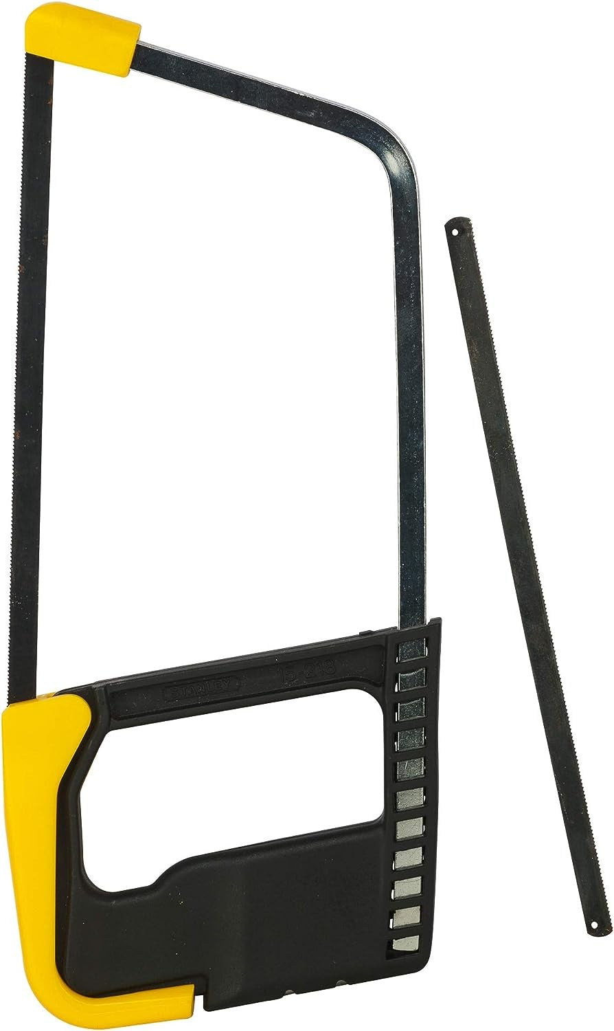 Metal frame hacksaw with ABS handle and universal blade, ideal for cutting tasks.
