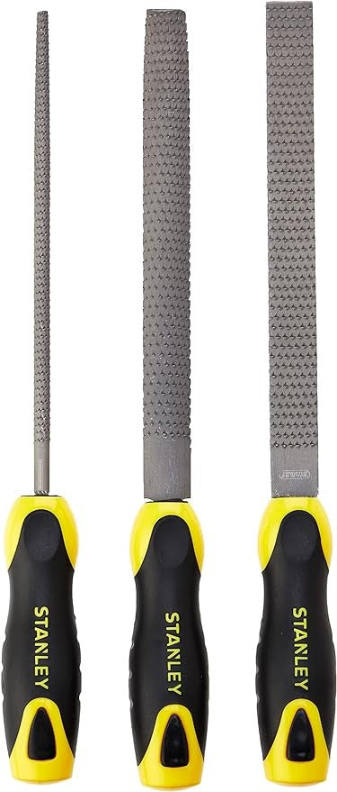 Set di lime Stanley: rotonda, mezza luna e piatta con manico bimateriale per una presa comoda.