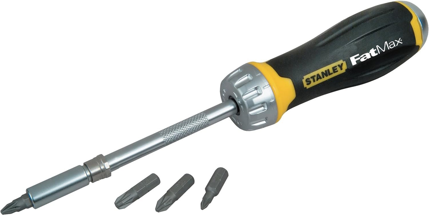STANLEY FatMax screwdriver with interchangeable bits and ergonomic handle for high torque performance.