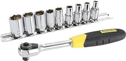 Cricchetto chiave a bussola 1/4" con 9 bussole esagonali in acciaio cromo vanadio, attacco reversibile.