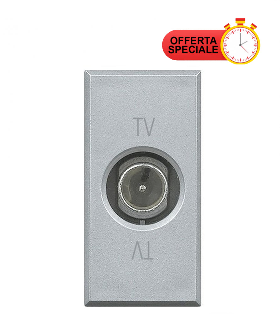 Bticino Axolute TV socket, digital terrestrial TV connection, grey design with special offer badge.