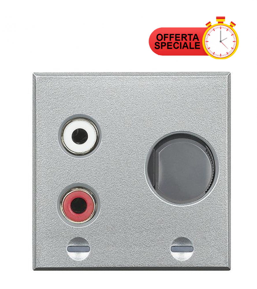Ingresso RCA BTicino Axolute HC4560 Chiara, silver wall socket with RCA connectors and special offer label.