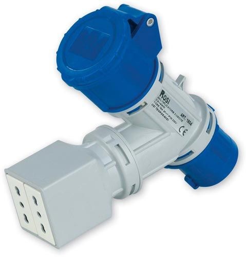 Moltiplicatore adattatore mobile a 2 uscite con spina 16A 2P+E IP44, ideale per uso esterno e industriale.