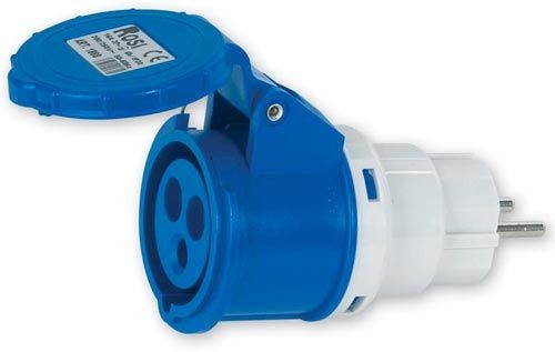 Blue Schuko 2P+T 16A industrial plug with protective cap, IP20 rated, suitable for 200-250V applications.