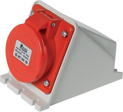 Presa fissa da parete inclinata 32A 380V IP44 con cablaggio 3P+N+E, design resistente per uso industriale.