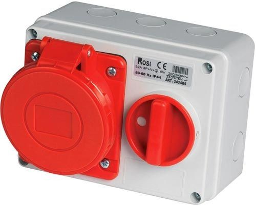 Presa fissa interbloccata orizzontale da parete IP44 32A 380V con fondo rosso, progettata per utilizzo industriale.