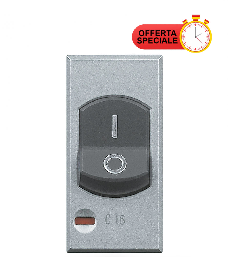 Bticino Axolute 16A automatic switch in tech color with special offer badge.