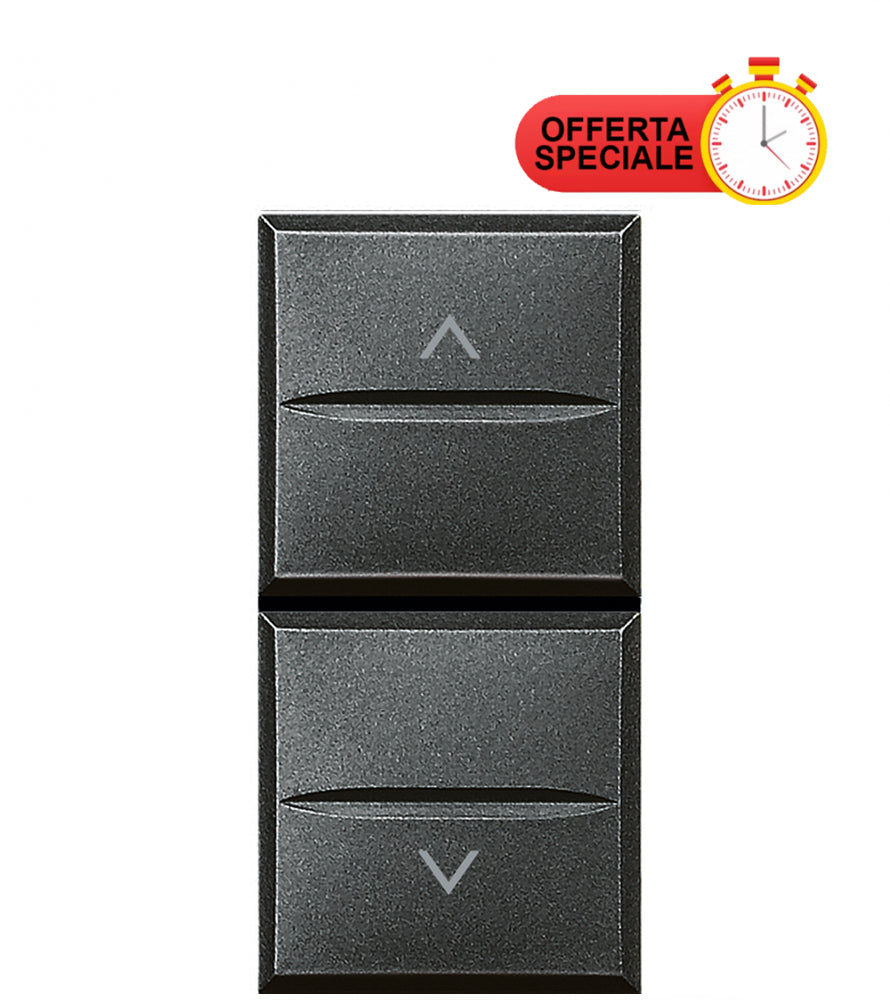 Bticino Axolute double switch HS4027 in anthracite color with special offer label.