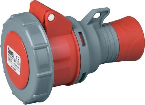 Presa mobile bassa tensione IP67, 16A, 3P+N+T, con connettore rosso e grigio per sicurezza elettrica.