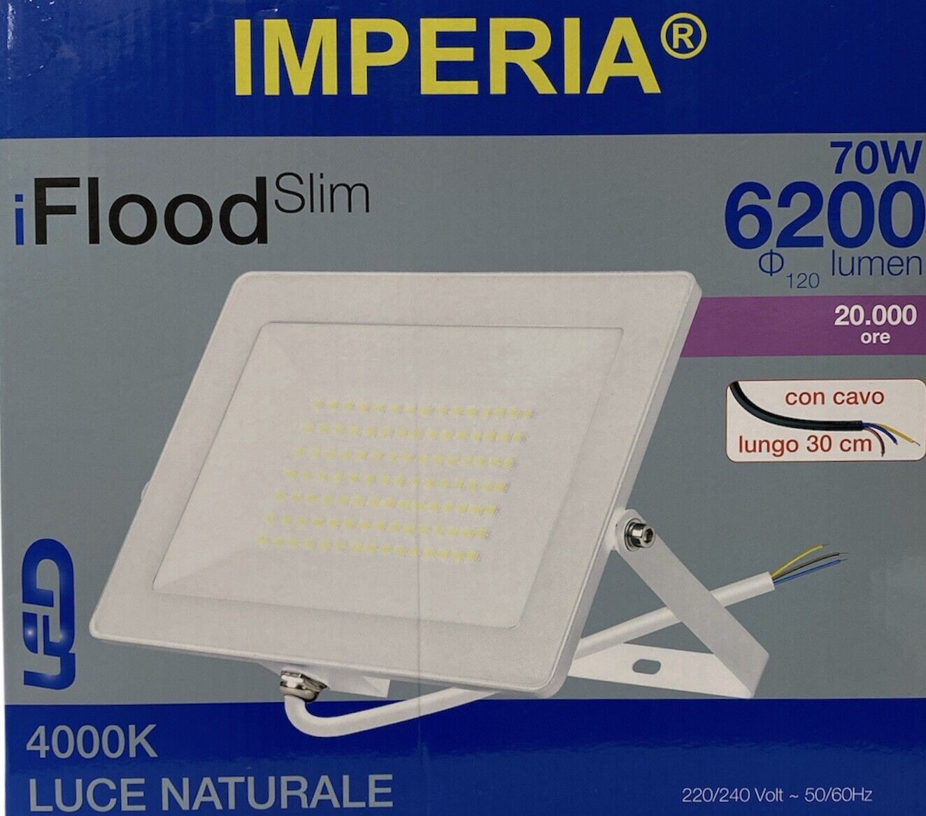 Imperia iFlood Slim LED floodlight 70W 6200 lumens with natural light at 4000K, suitable for various outdoor lighting applications.
