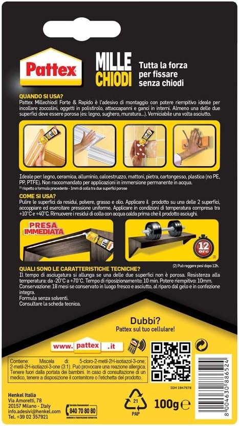 Pattex MilleChiodi Forte&Rapido packaging, adhesive for versatile and removable bonding solutions, 100g.
