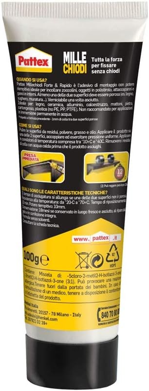 Pattex Colla Millechiodi Forte&Rapido in tubetto da 100gr, adesivo removibile, resistente e facile da usare.