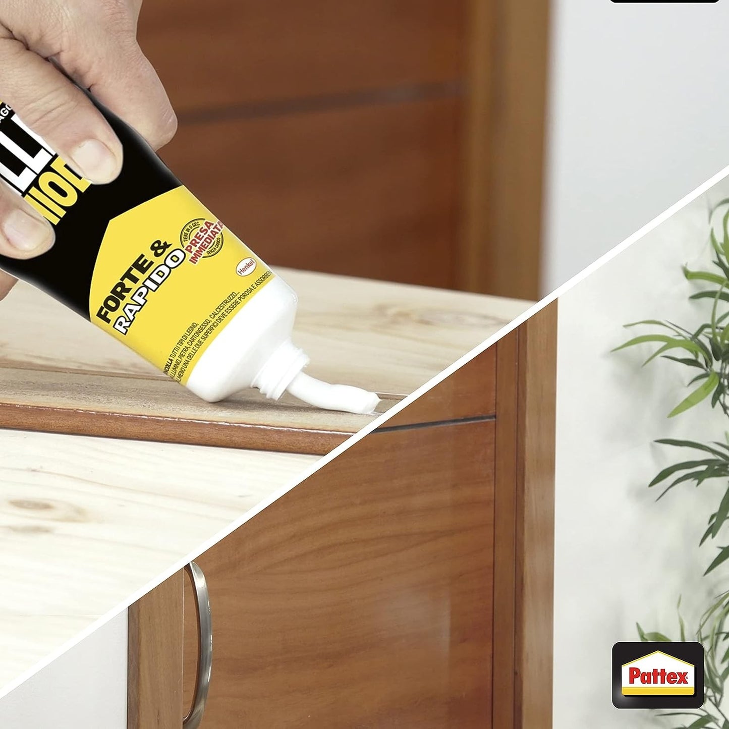 Pattex MilleChiodi Forte&Rapido being applied on wood, showcasing easy use and strong adhesion.