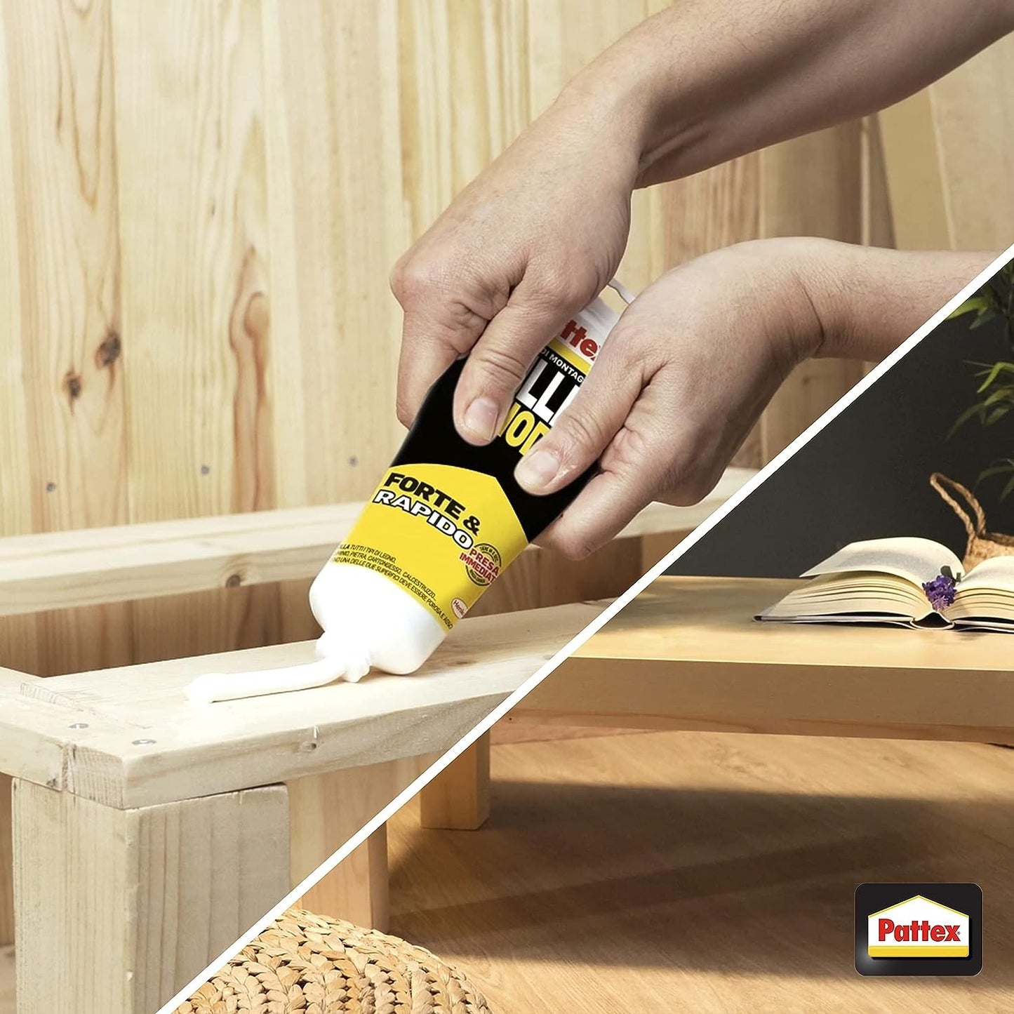 Colla Millechiodi Forte&Rapido PATTEX in uso su legno, ideale per incollaggi facili e removibili.