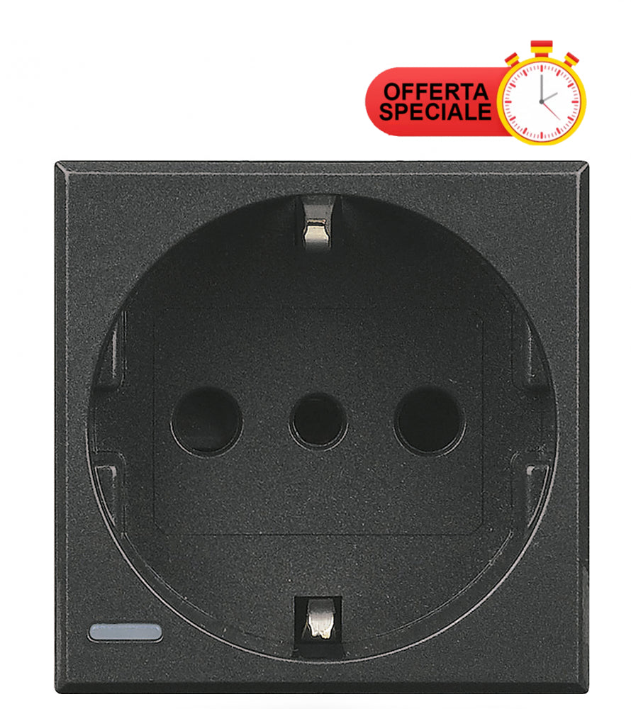 Bticino Axolute P30 2P+T 16A socket in antracite, compatible with German and Italian plugs, special offer badge included.