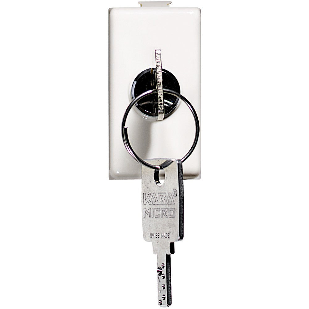 Bticino Matix key switch 2P 10A AM5007D with key inserted, white finish, designed for secure control.