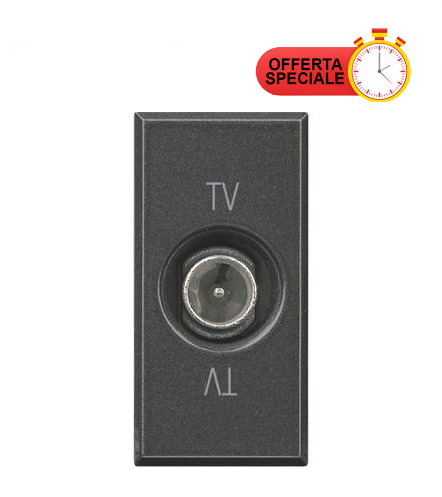 Bticino Axolute antracite wall-mounted TV socket HS4202P with special offer sign.