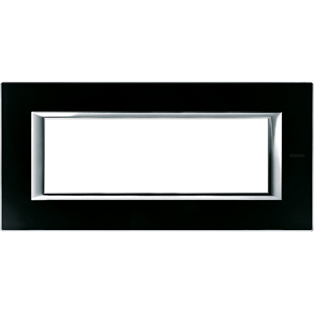 Bticino Axolute 6-module rectangular black glass frame HA4806VNN, elegant design for modern interiors.