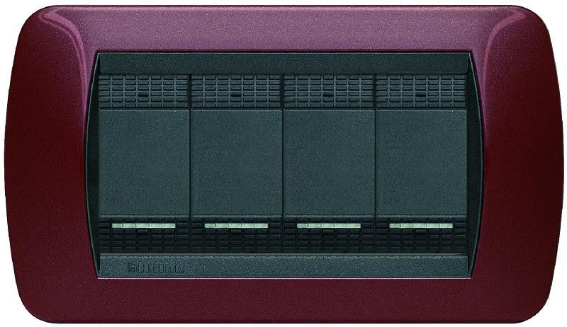 Bticino Living International L4804AT 4-post Amaranto Metal switch plate, dimensions 80mm x 119mm, stylish design.