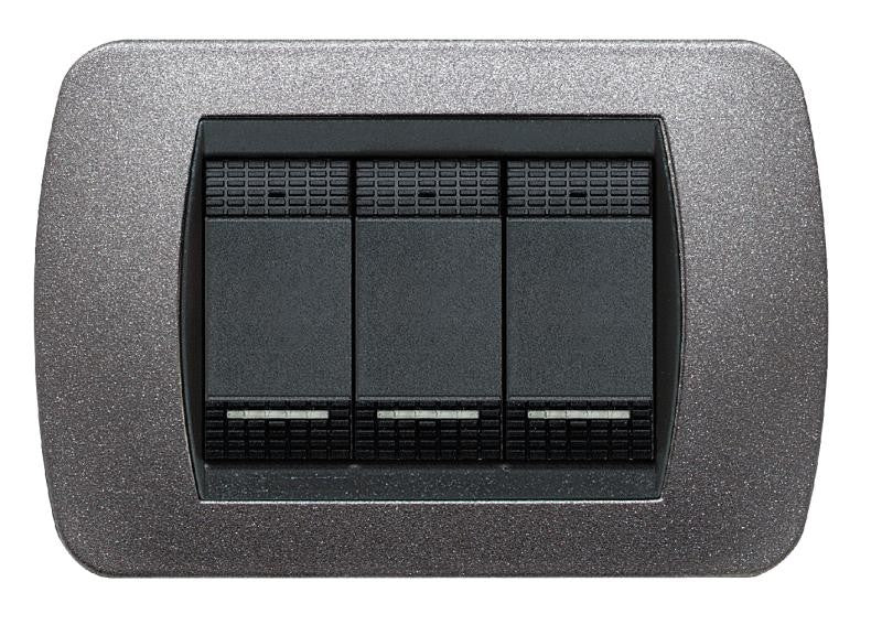 Living Int. Placca 3 posti grafite titanio - BTicino metal switch plate with three modules, 80mm height, and 119mm width.