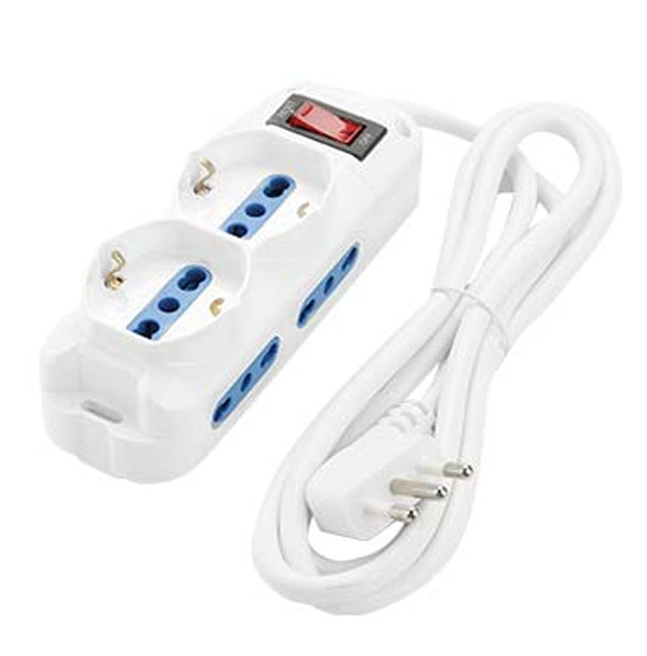 Multipresa 6 posti bianca con interruttore, cavo di 1,5 mt, 2P Schuko e 4P bivalenti, protezione sovraccarico.