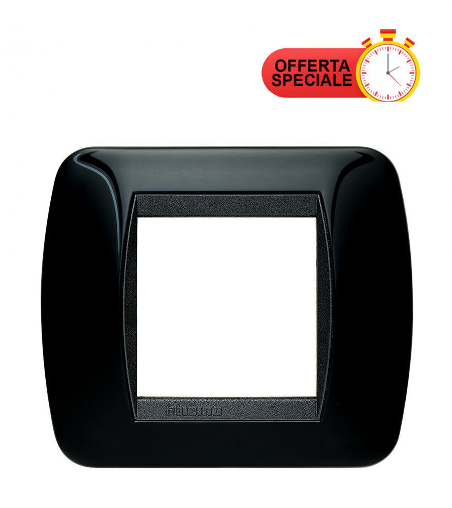 Bticino Living Int. Placca 2 posti NERO in metallo, misura 80mm x 93mm, serie Livinglight, offerta speciale.