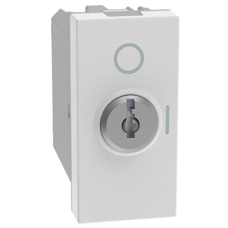 Interruttore a chiave Bticino MatixGO 2P 10AX bianco, con chiave estraibile ON/OFF e design compatto.