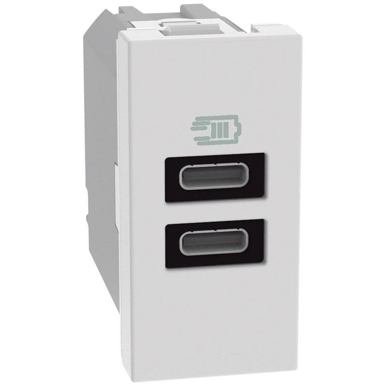 Caricatore USB Bticino MatixGO 15W bianco con 2 porte tipo C per ricarica rapida di dispositivi elettronici.