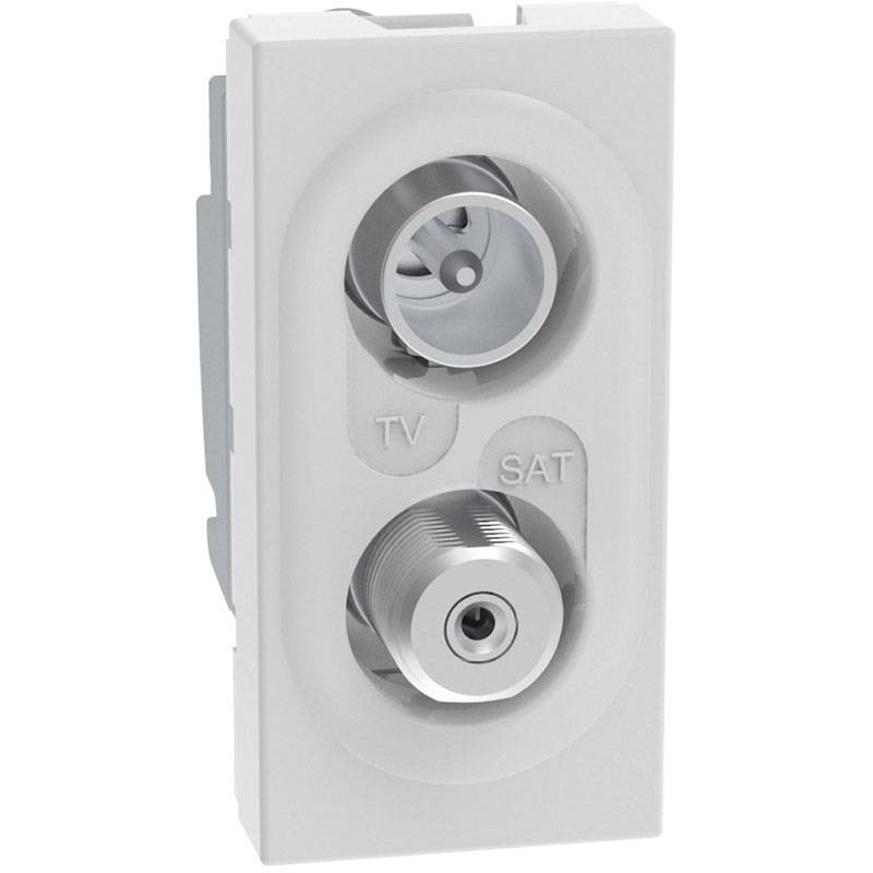 Bticino MatixGO TV-SAT wall outlet in white, featuring coaxial connectors for antenna and satellite systems.