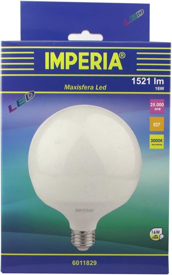 Imperia 6011829 LED bulb E27, 16W, 1521 lm, 3000K, energy-efficient lighting with a lifespan of 25,000 hours.