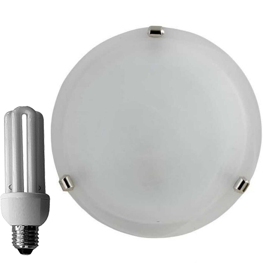 Plafoniera alabastro bianco Ø 30 cm con lampada a risparmio energetico E27 15W 6500K e montature in cromo.
