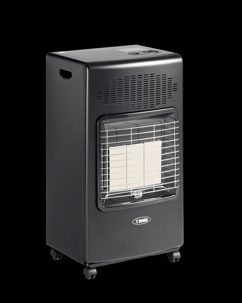 Stufa a gas GPL nera Bartolini Helios con bruciatore infrarosso e design compatto, 4200W di potenza.