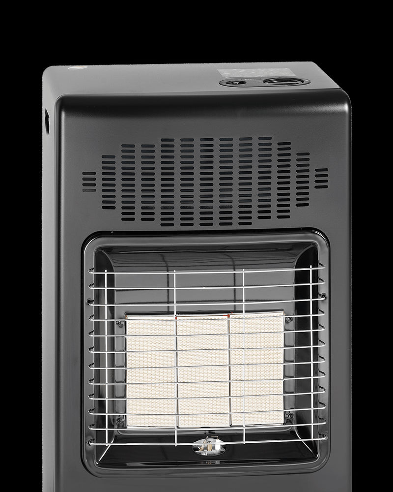 Stufa a gas GPL Bartolini Helios 3 con bruciatore infrarosso e design moderno in nero.