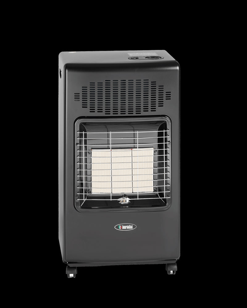 Stufa a gas GPL Bartolini Helios nera con bruciatore infrarosso e design robusto.