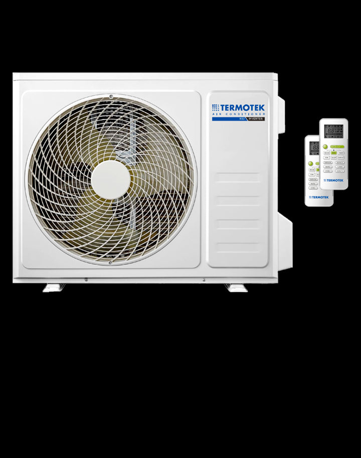Termotek air conditioning unit with two remote controls, showcasing energy-efficient inverter technology.