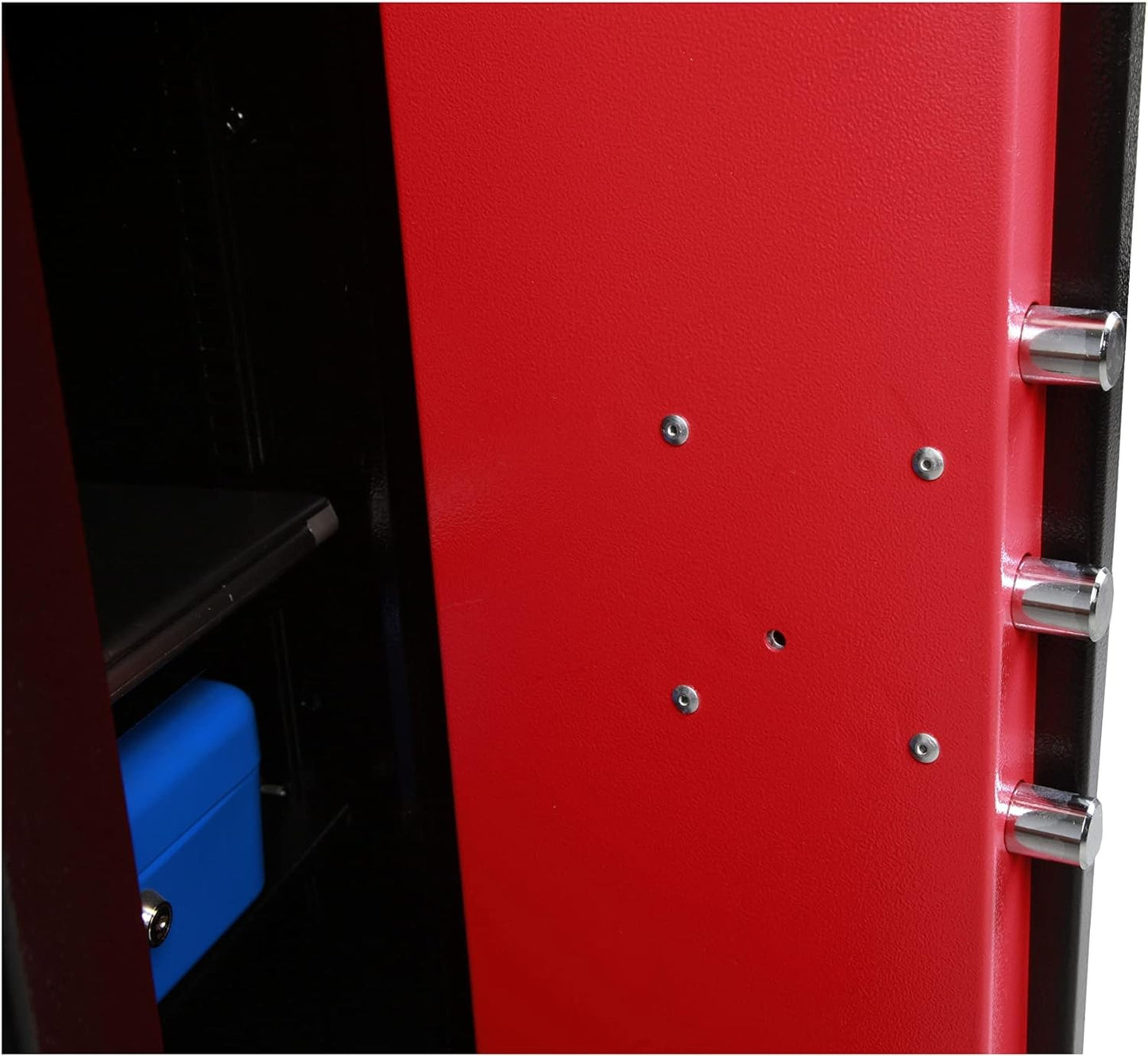Interior details of Technomax HS/20 safe showing red door, locking bolts, and internal shelf setup.