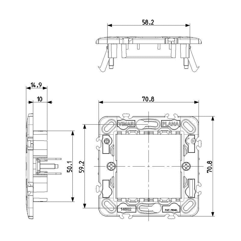 Vimar Plana 2-moduli supporto con dimensioni e design per scatole tonde da incasso, modello 14602.