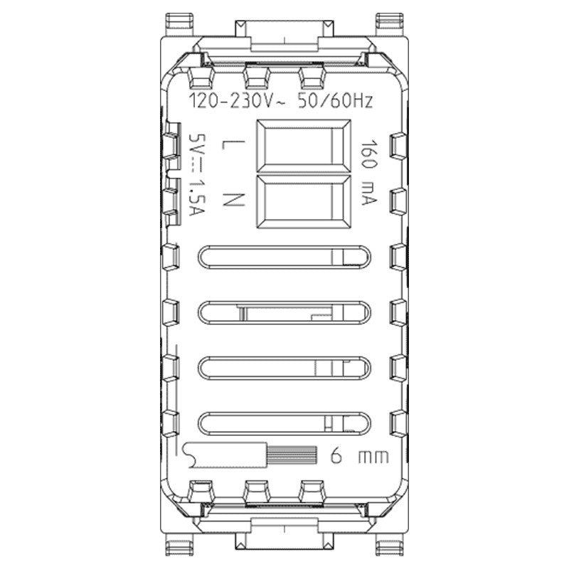 Schematics of Vimar Plana USB socket 5V 1.5A for electronics, includes specs and installation details.