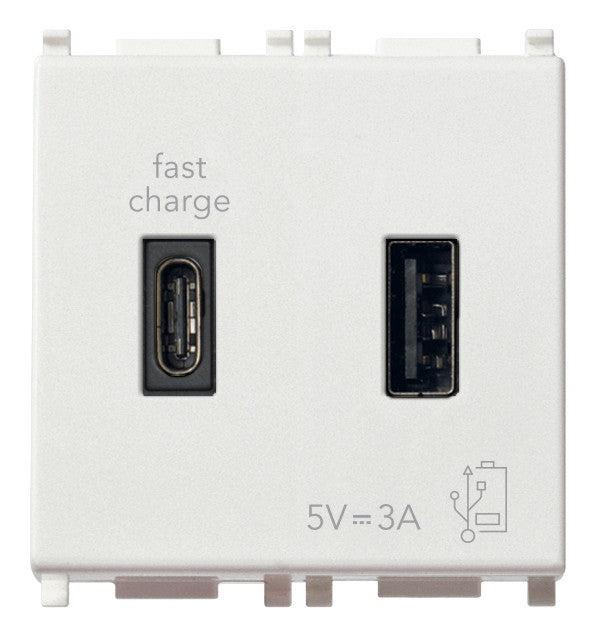 Vimar Plana USB A+C charger, white, features fast charge USB A and USB C ports, 5V 3A output.