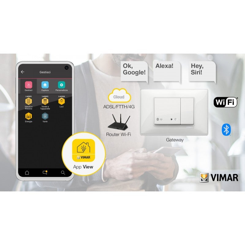 Smartphone displaying Vimar App View with Gateway indicating Wi-Fi and Bluetooth connectivity options.