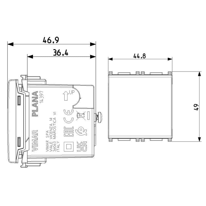 Vimar Plana 14397 emergency torch technical drawing, dimensions and specifications of the device.