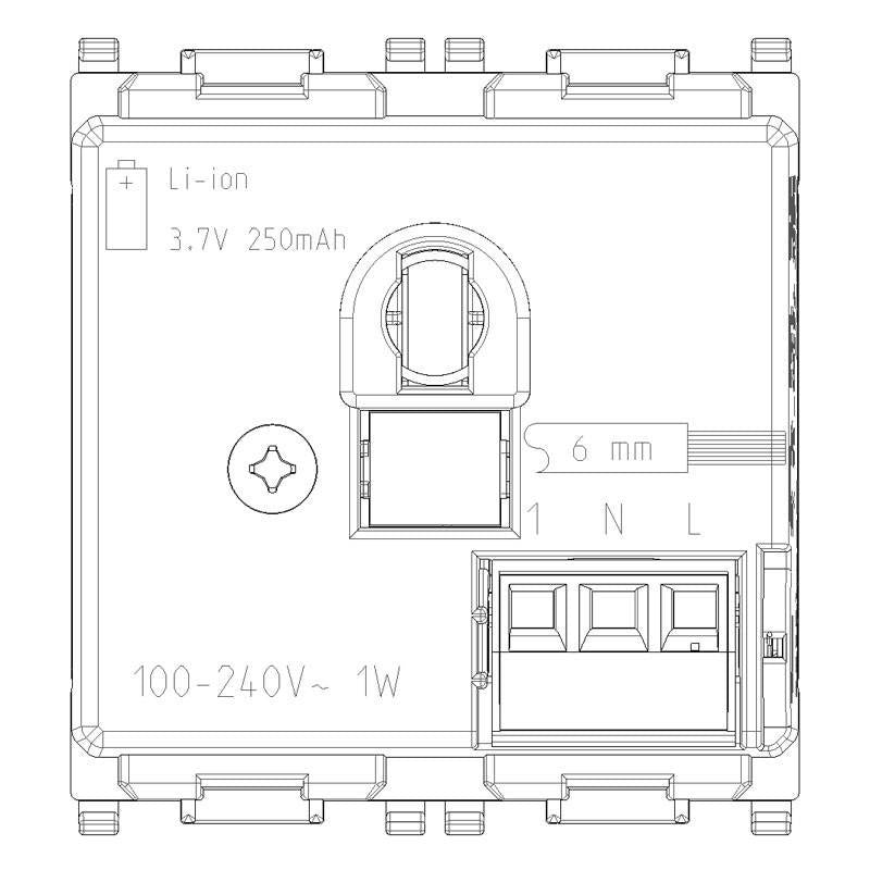 Technical diagram of Vimar Plana emergency torch showing Li-ion battery details and electrical specifications.