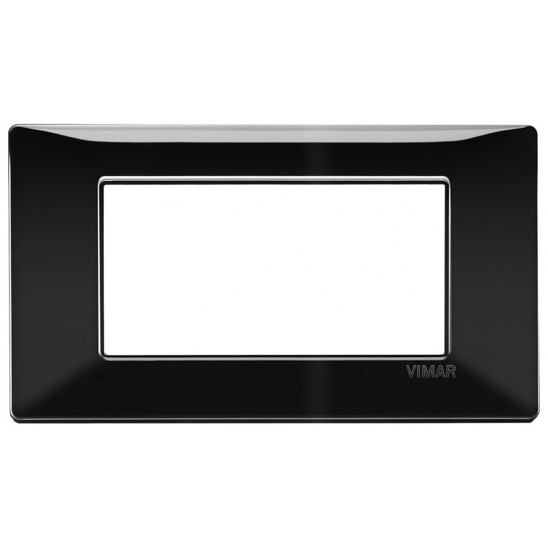 Vimar Plana 4-moduli black wall plate, designed for exclusive use with the support 14614, sleek technopolymer material.