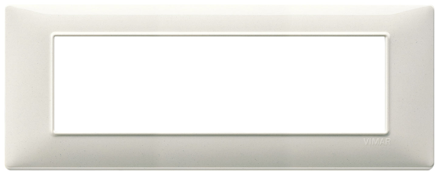 Vimar Plana 7-module plate in white granite, designed for specific Vimar support 14617, dimensions 206mm x 81mm.