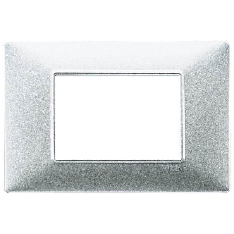 Vimar Plana 3-module switch plate in matte silver finish, designed for specific Vimar support model 14613.