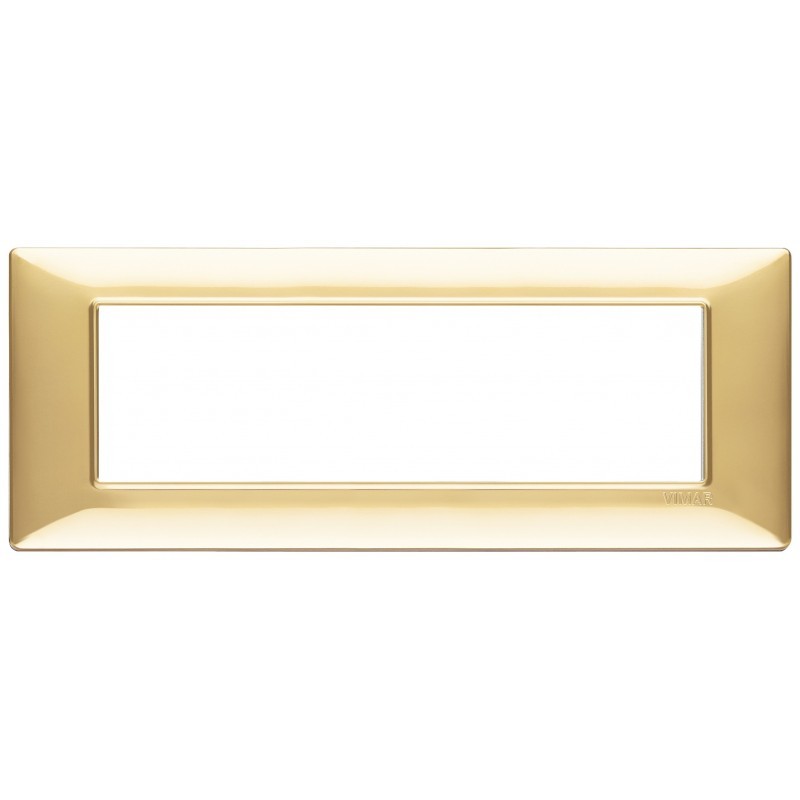Vimar Plana 7-module plate in glossy gold, 206mm wide, 81mm high, designed for specific Vimar support.